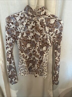 Floral Long-Sleeve Mock Neck Top in Cream and Brown
